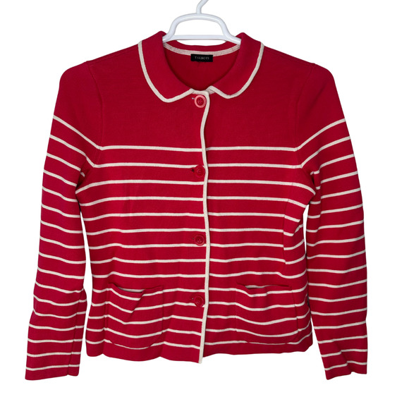 Talbots Sweater Cardigan Women Large Hot Pink Striped Button Front Cotton Blend - Picture 1 of 5